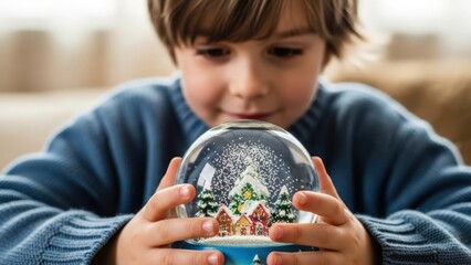 A young boy holding a colorful snow globe with a miniature winter scene inside.