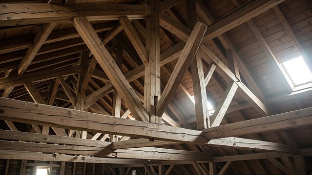 The intricate network of old wooden beams and trusses forming the rustic roof structure of an ancient barn or attic is beautifully illuminated by natural light.