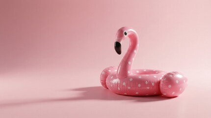 A pink inflatable flamingo pool float with white polka dots sits on a seamless pink background, casting a soft shadow.