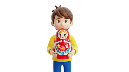 Boy Holding a Red Matryoshka Doll with Floral Designs