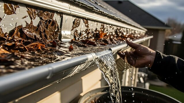A heavily clogged residential gutter overflowing with water and a large accumulation of wet autumn leaves, as a hand reaches to inspect the blockage.