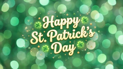 Happy st patrick's day festive greeting with cheerful lettering and decorative shamrocks on a vibrant green background