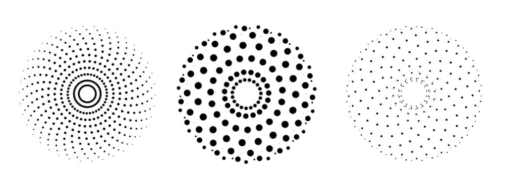 Abstract halftone circular dot patterns with radial symmetry, monochrome geometric design elements on white background.