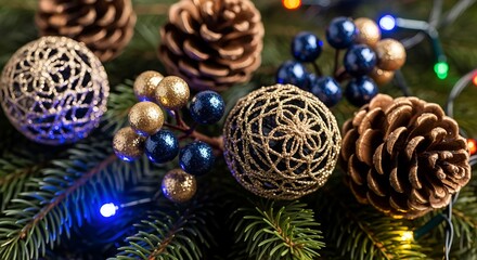 Captivating arrangement of luminous Christmas decorations featuring natural pine cones, intricate woven string ornaments, and shimmering berry clusters nestled on vibrant evergreen branches