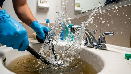 Hands wearing blue protective gloves are actively plunging a clogged bathroom sink, causing water to vigorously splash upwards.