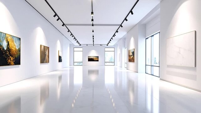 Modern art gallery interior featuring white walls, artwork, track lighting, reflective floor, and large windows