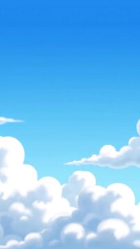 Detailed description of a vibrant cartoon blue sky filled with fluffy white cumulus clouds