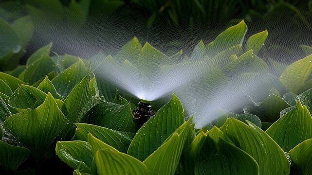 A lush hosta garden is watered by a sprinkler system in a serene landscape video at 24fps.