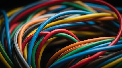A vibrant and intricate tangle of colorful electrical wires creates a complex abstract pattern, highlighting connectivity and technology.