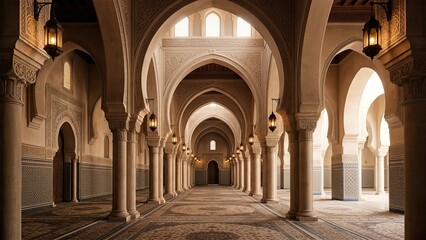Mosque Corridor Architecture Ramadan Spiritual Symmetry