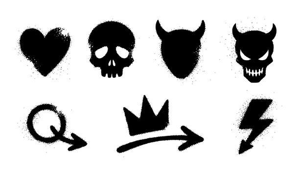 Black graffiti spray symbols vector set with heart crown skull and lightning
