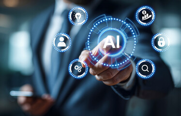 Businessman hand pointing at AI (Artificial Intelligence) on a futuristic digital interface with icons representing automation, data analysis, innovation, and network security.