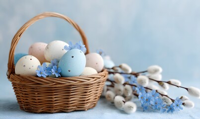 wicker basket filled with pastel Easter eggs decorated with tiny gems, blue forget-me-nots and white willow catkins