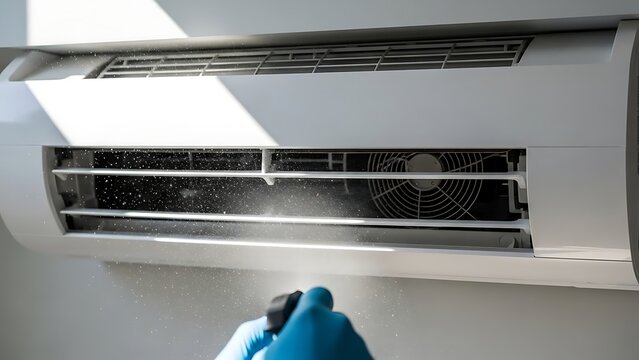 A gloved hand expertly sprays disinfectant into a split air conditioning unit during routine maintenance, ensuring clean air and efficient cooling.