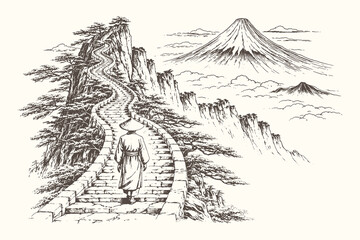 Naklejka premium Intricate black-and-white vector illustration of a winding mountain wall reminiscent of ancient fortifications, illustrated in classic engraving style with dramatic terrain.