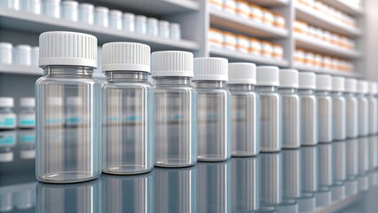 Close Up of Clear Pill Bottles with White Caps on Pharmacy Shelves