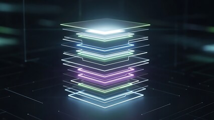 Futuristic neon layered structure with glowing lines and vibrant colors.
