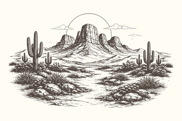Vintage-style black-and-white vector illustration of a desert mesa with cacti and open plains, inspired by engraving techniques for western outdoor scenery. © Chairul