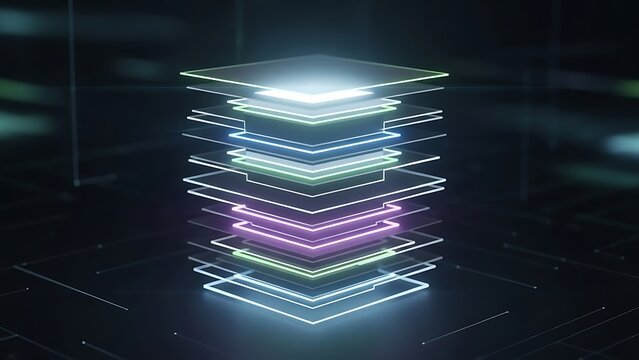 Futuristic neon layered structure with glowing lines and vibrant colors. - Powered by Adobe