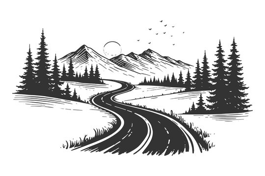 Black-and-white vector illustration of a winding road leading through pine forests and mountains, created in vintage engraving style for travel and adventure themes.