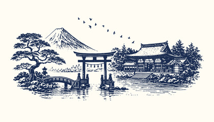 Traditional Japanese torii gate and shrine landscape with mountains, calm hand drawn vintage oriental nature vector illustration © Chairul