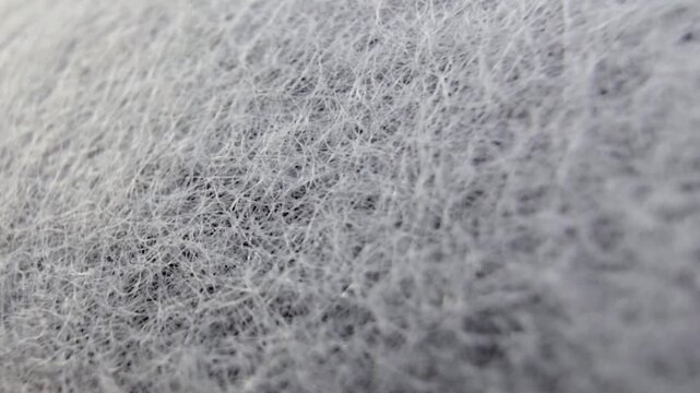 Macro video of a white soft fibrous material, showing detailed micro-texture and fuzzy surface, suitable for filter or medical mask concepts.