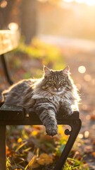 Fluffy tabby cat lounges regally on a black bench in warm sunlight, autumn leaves scattered around