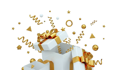 Open Gift Box with Gold Ribbons and Confetti