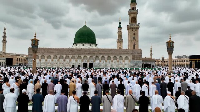 Large Congregation Gathers at Sacred Mosque with Iconic Green Dome and Tall Minarets Under Cloudy Sky