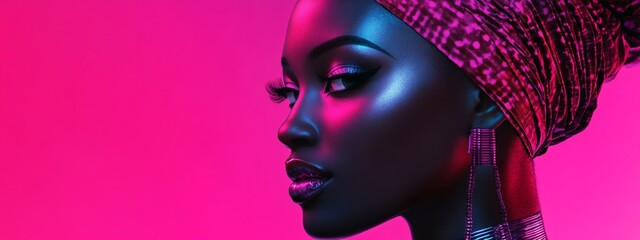 Profile of an african woman with vibrant makeup and colorful neon light. Beauty and fashion concept with copy space.