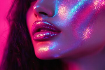 Woman face with glitter makeup under neon light. Trendy futuristic fashion portrait for cosmetic product advertisement. Creative beauty concept.