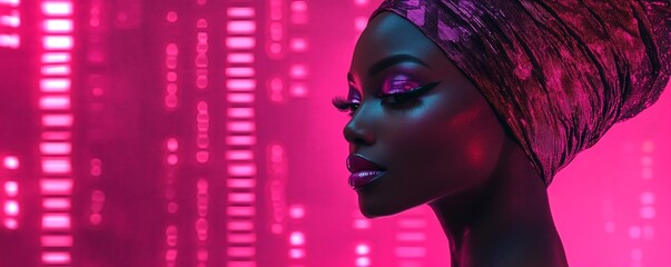 African american woman with vibrant makeup and headwrap in neon light. Beautiful disco style portrait for fashion and beauty.
