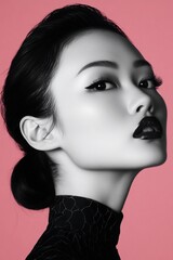 Woman with dark lipstick in black and white against a pink background. Beauty and fashion portrait for cosmetic advertising.