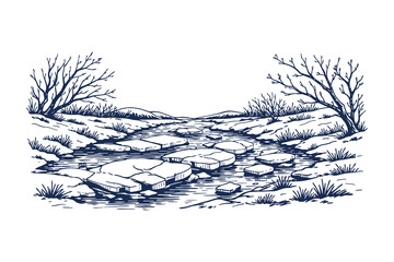 Cracked melting glacier ice landscape symbolizing polar climate change, cold arctic environment hand drawn engraving style vector illustration © Chairul