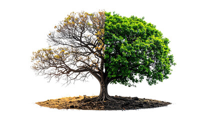 Single tree split vertically: one side lush green, other side dry and leafless, climate change and deforestation concept, strong visual metaphor, isolated on transparent background, PNG