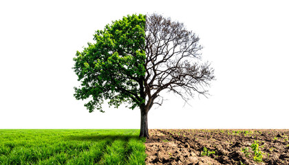 Single tree split vertically: one side lush green, other side dry and leafless, climate change and deforestation concept, strong visual metaphor, isolated on transparent background