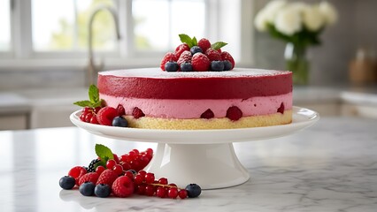 Delicious layered berry cake on elegant white stand in modern kitchen