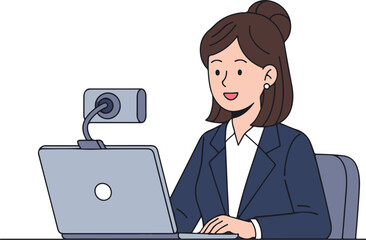 Online Meeting Woman Video Call Remote Work Business Concept, Flat Cartoon Illustration Style