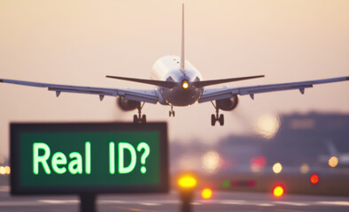 Jet landing at an airport with a real id sign, questioning the necessity of the new identification requirements for air travel