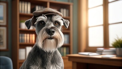 Charming Miniature Schnauzer with Distinguished Hat in Library Setting