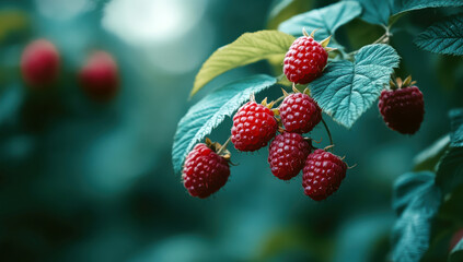 Ripe raspberries clustered on vine, glowing under golden sunset light, revealing rich color and natural freshness