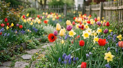 Vibrant spring garden with colorful tulips and daffodils blooming