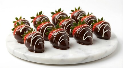 Delicious chocolate covered strawberries on marble plate