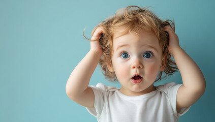 Studio portrait of a surprised baby boy touching his messy hair with his hands and opening his mouth