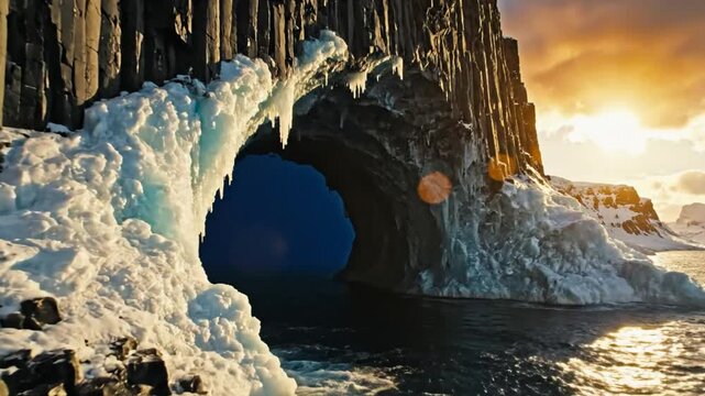 Epic scenic view of a majestic ice cave in Iceland with water, snow, and the sun illuminating the natural beauty