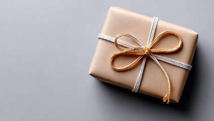 Wrapped in brown paper and tied with simple twine, a gift rests on a gray backdrop, evoking a sense of rustic charm and anticipation
