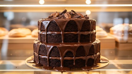 Decadent chocolate cake with rich chocolate drizzle and pecans