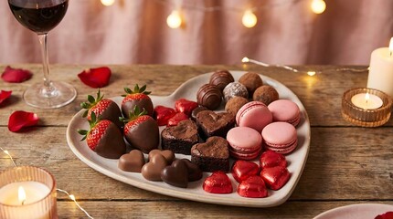 Romantic dessert platter with chocolate treats and wine for Valentine's Day