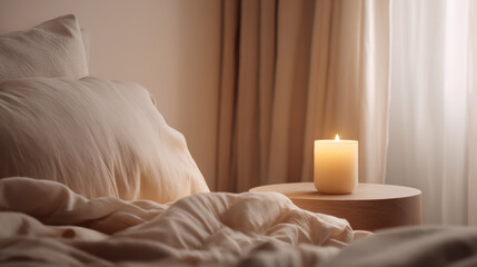 Bedroom nightstand featuring a lamp, vase of flowers, and a glowing candle, creating a cozy and relaxing atmosphere