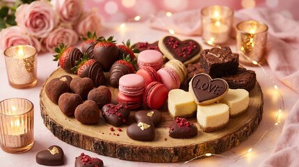 Romantic dessert spread with chocolate treats and pink macarons on wooden platter